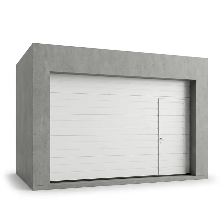 Porte de garage sectionnelle blanche avec portillon piéton placé à droite, vue de l'extérieur