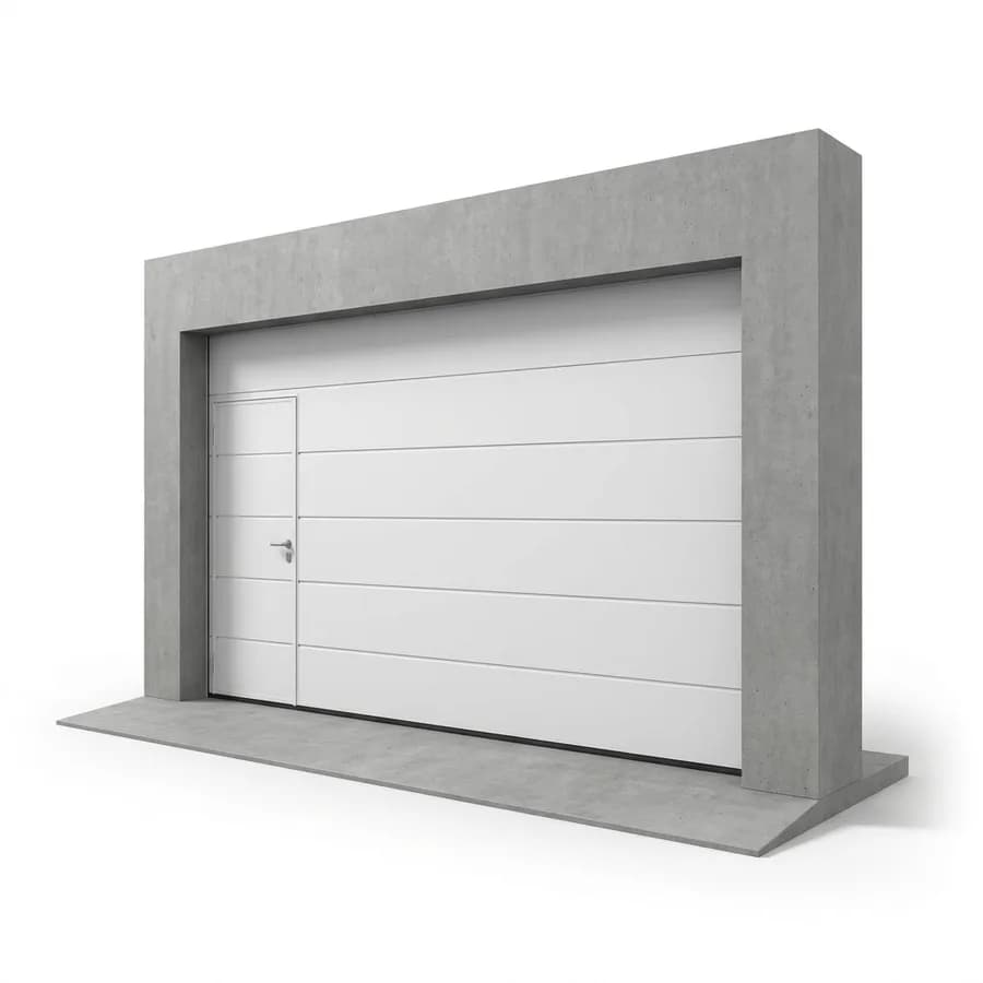 Porte de garage sectionnelle blanche avec portillon piéton placé à gauche, vue de l'extérieur