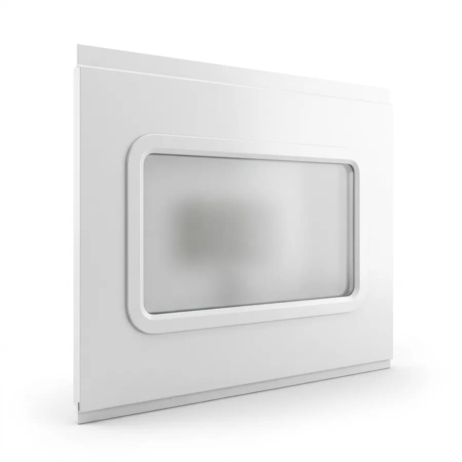 Panneau blanc de porte sectionnelle avec un hublot rectangulaire à verre dépoli translucide, vue de trois quarts