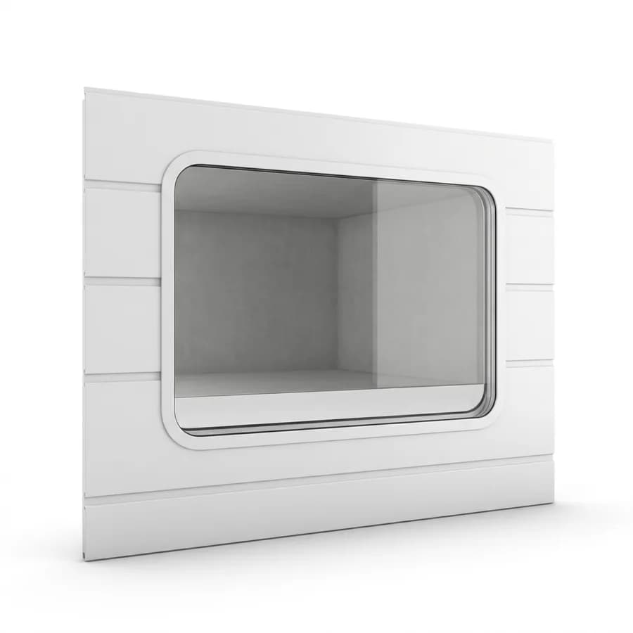 Panneau blanc de porte sectionnelle avec un hublot rectangulaire à verre transparent, vue de trois quarts