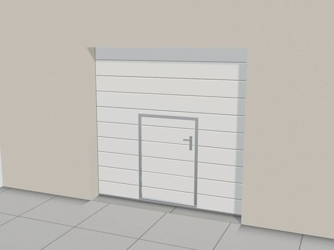 Rendu 3D d'une porte de garage sectionnelle blanche de 2,5 × 2,5 m avec un portillon piéton au centre et sa poignée
