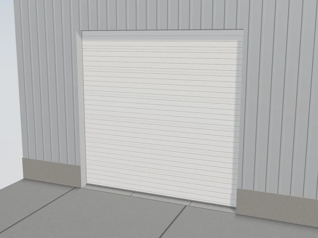 Rendu 3D d'une porte sectionnelle industrielle blanche de 4 × 4 m fermée dans un bardage métallique